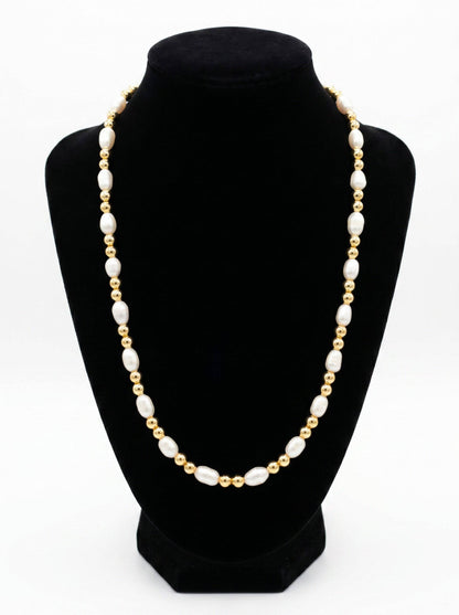 KRE PRIME women's necklace with natural white freshwater pearls and 14K gold-filled beads. Features rice-shaped pearls.