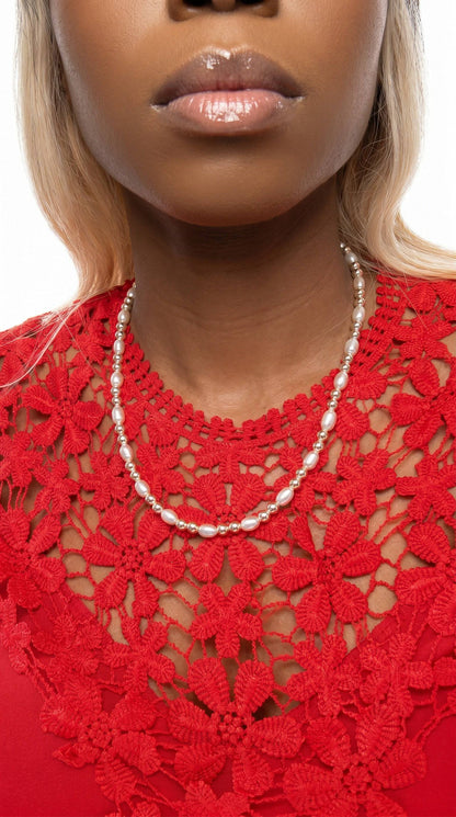 KRE PRIME women's necklace featuring natural freshwater pearls and 14K filled gold beads. White rice-shaped pearls.