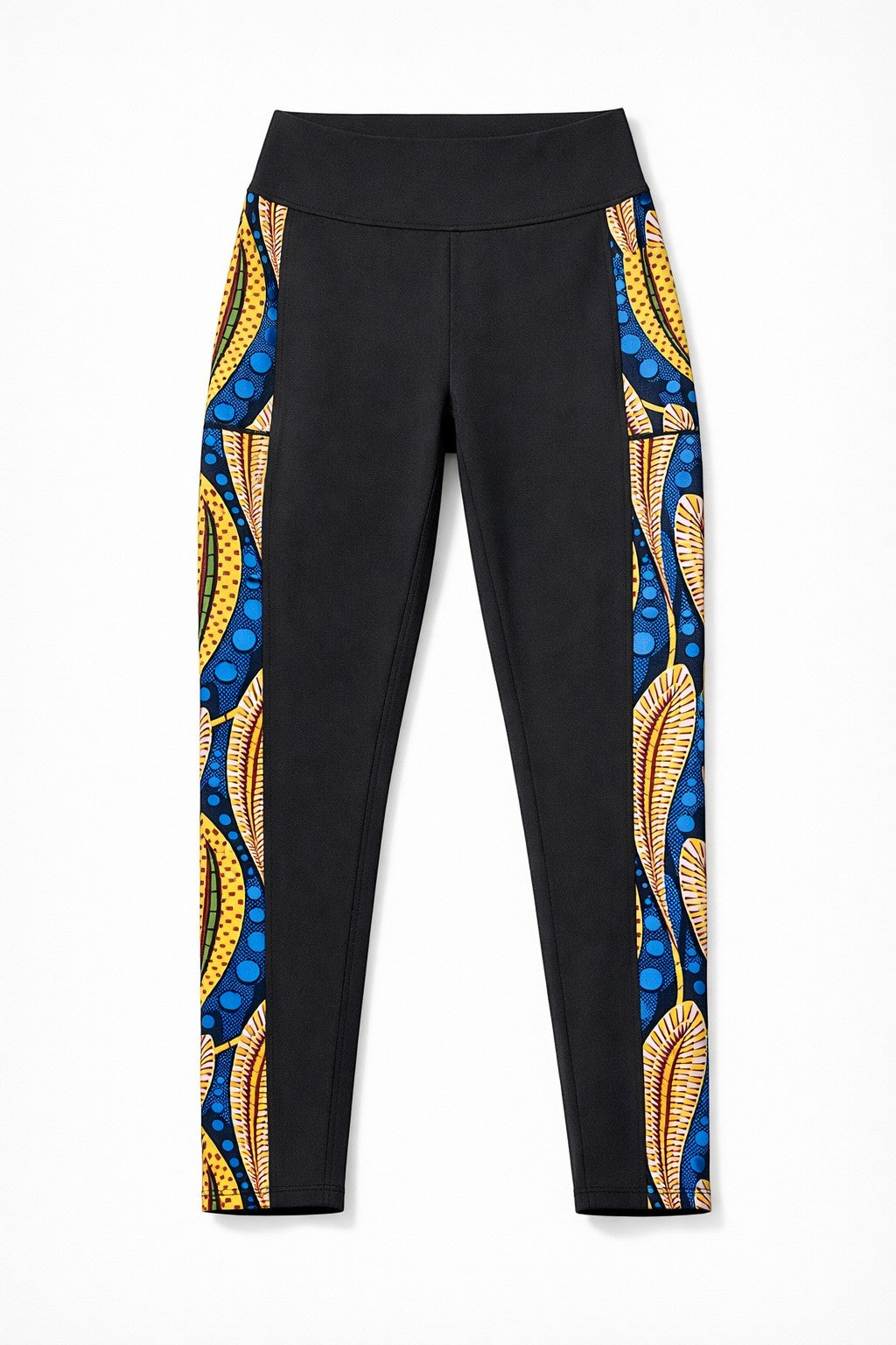 KRE Prime black leggings with side panel featuring a vibrant peacock feather print in yellow, blue, and red. Made from polyamide and spandex.