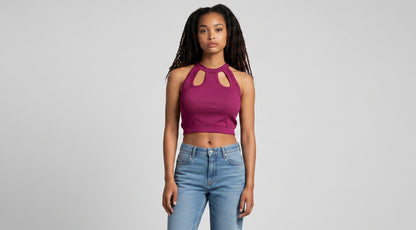 KRE PRIME Women's dark purple ribbed crop top with cut-out neckline and halter straps. Made of polyester and elastane.