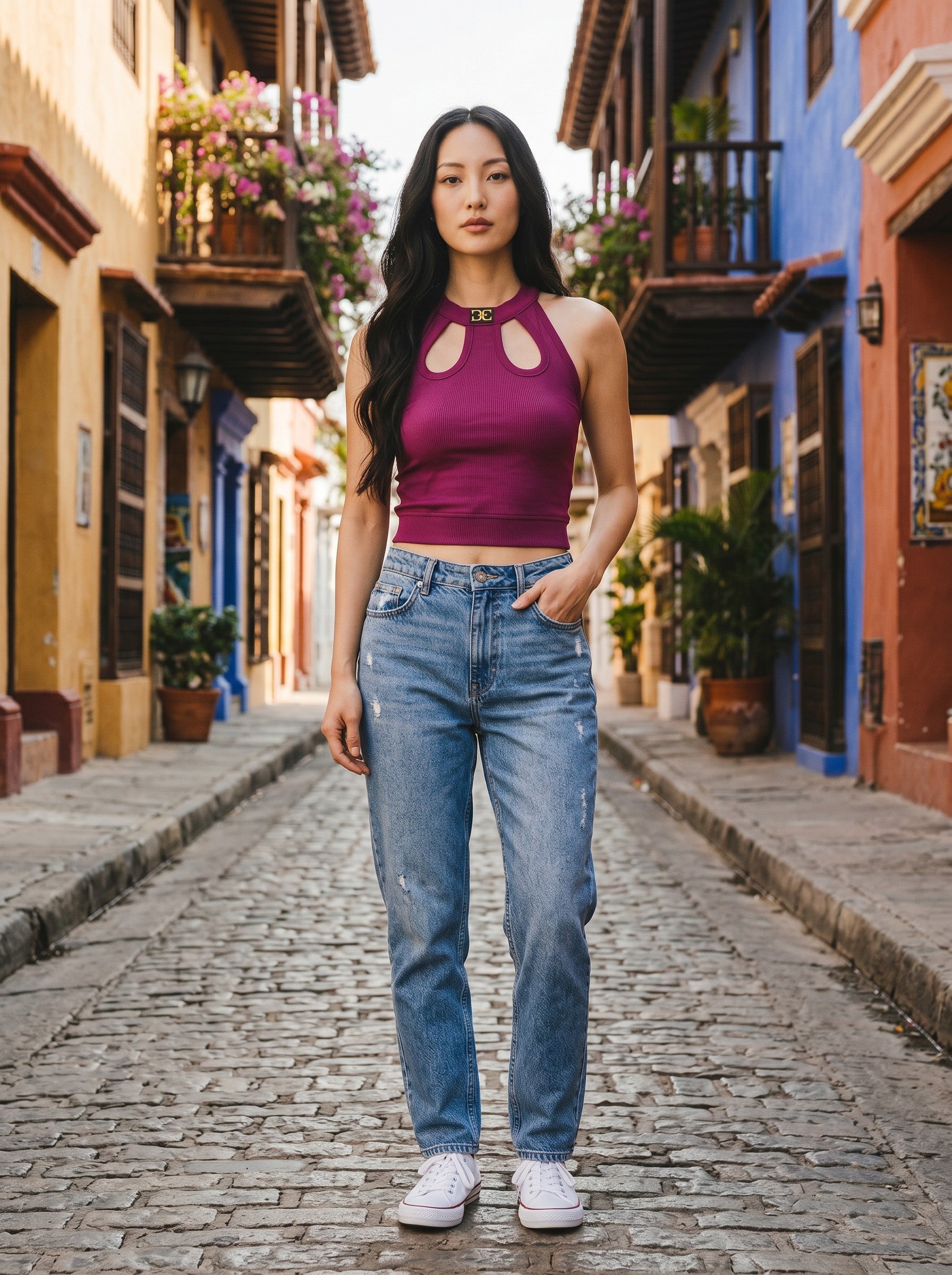 KRE PRIME Women's dark purple ribbed crop top with cut-out neckline and high collar. Made from polyester and elastane.
