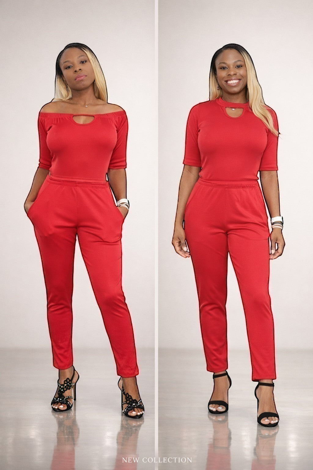 KRE Prime red convertible jumpsuit with two interchangeable tops, one off-the-shoulder and one with a keyhole neckline. Stretch fabric.