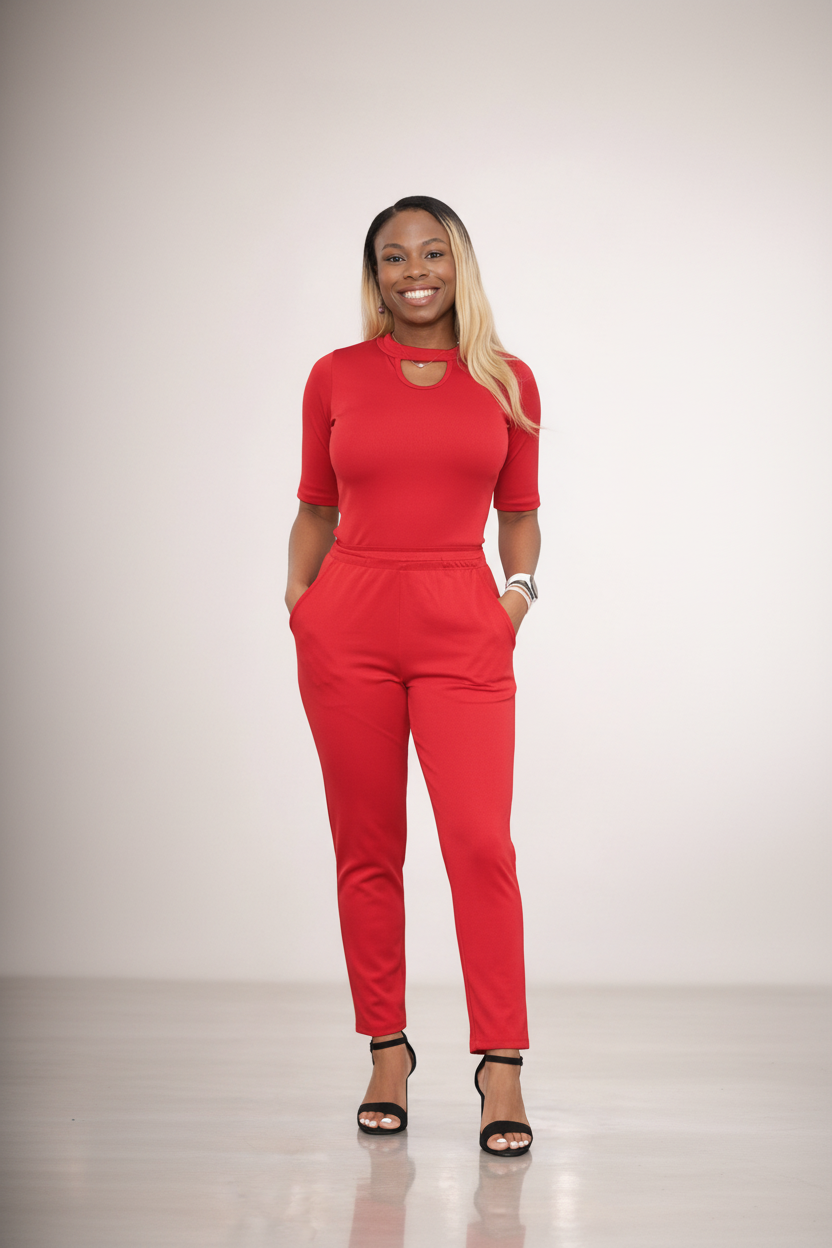 Woman wearing a red outfit on a plain background
