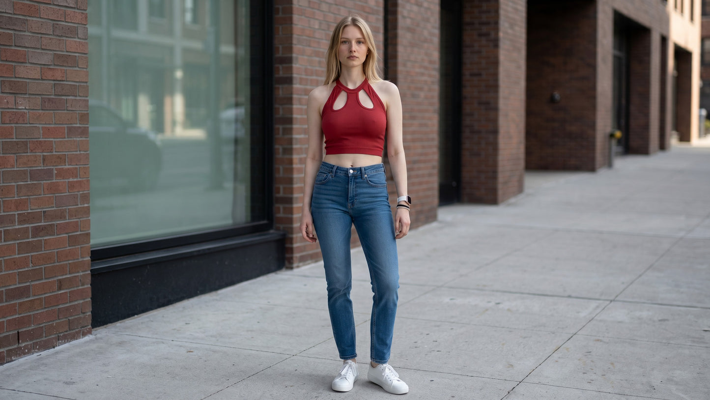 KRE PRIME Women's red ribbed crop top with cut-out detail and halter neck. Made from polyester and elastane.