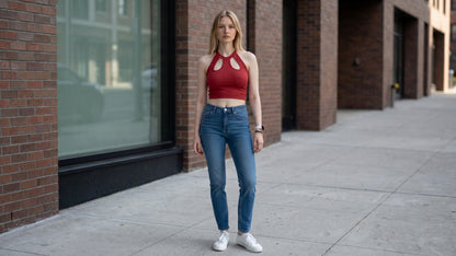 KRE PRIME Women's red ribbed crop top with cut-out detail and halter neck. Made from polyester and elastane.