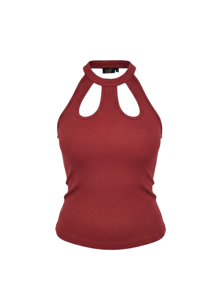 KRE PRIME Women's sophisticated ribbed crop top in brick red. Features a halter neck with cut-out details and a comfortable stretch fabric.