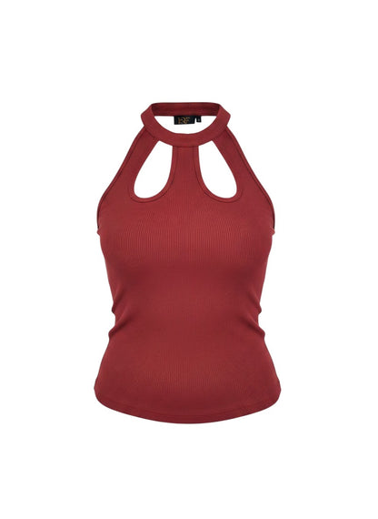 KRE PRIME Women's sophisticated ribbed crop top in brick red. Features a halter neck with cut-out details and a comfortable stretch fabric.