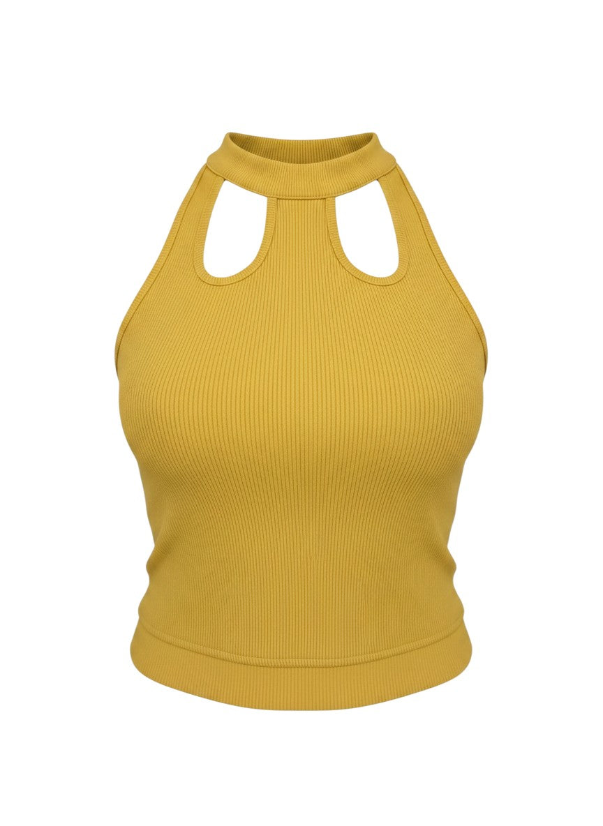 KRE PRIME Women's Buff Yellow Ribbed Crop Top with Cut-out Neckline and High Collar