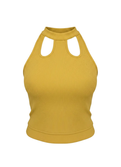 KRE PRIME Women's Buff Yellow Ribbed Crop Top with Cut-out Neckline and High Collar