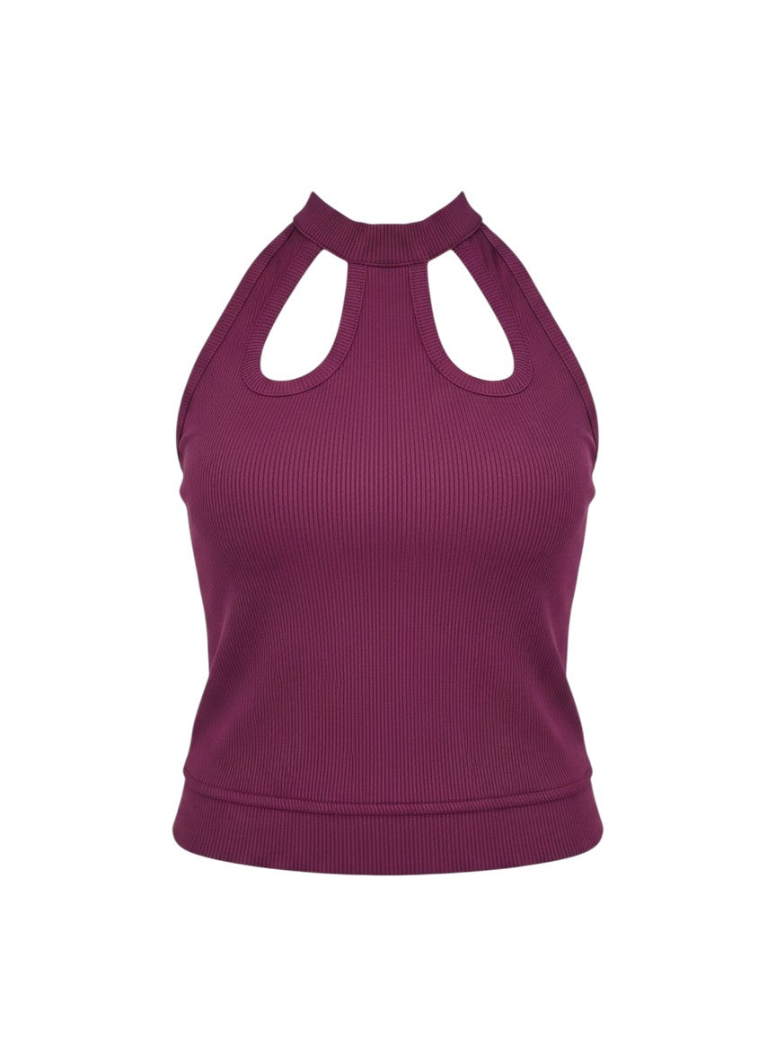 KRE PRIME Women's sophisticated ribbed crop top in dark purple, made of polyester and elastane blend.