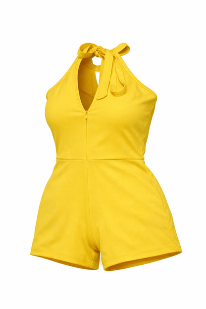 Yellow KRE PRIME teen's cutout Grecian romper shown from the back, featuring stylish cutouts and a flowing, elegant design.