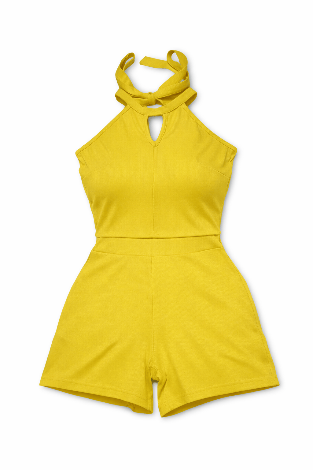 Yellow KRE PRIME teen's cutout Grecian romper with stylish design, front view showcasing the trendy silhouette and fabric details.