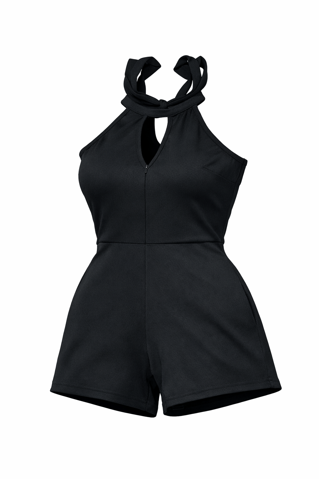 Black KRE PRIME teen's cutout Grecian romper displayed from the front, showcasing its stylish design and cutout details.