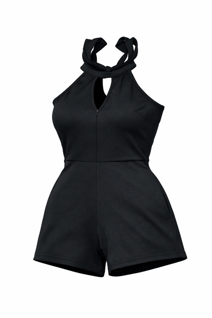 Black KRE PRIME teen's cutout Grecian romper displayed from the front, showcasing its stylish design and cutout details.