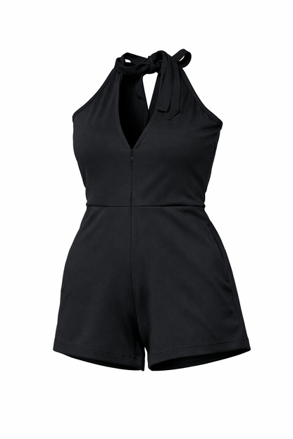 Black KRE PRIME teen's cutout Grecian romper displayed from the back with ghostly cutout details and flowing fabric.