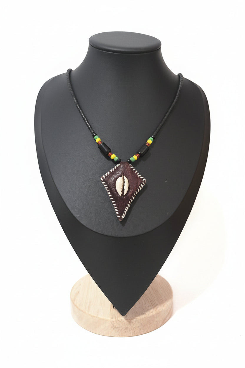 KRE PRIME tribal inspired beaded pendant necklace, unisex jewelry featuring colorful beads and intricate design.