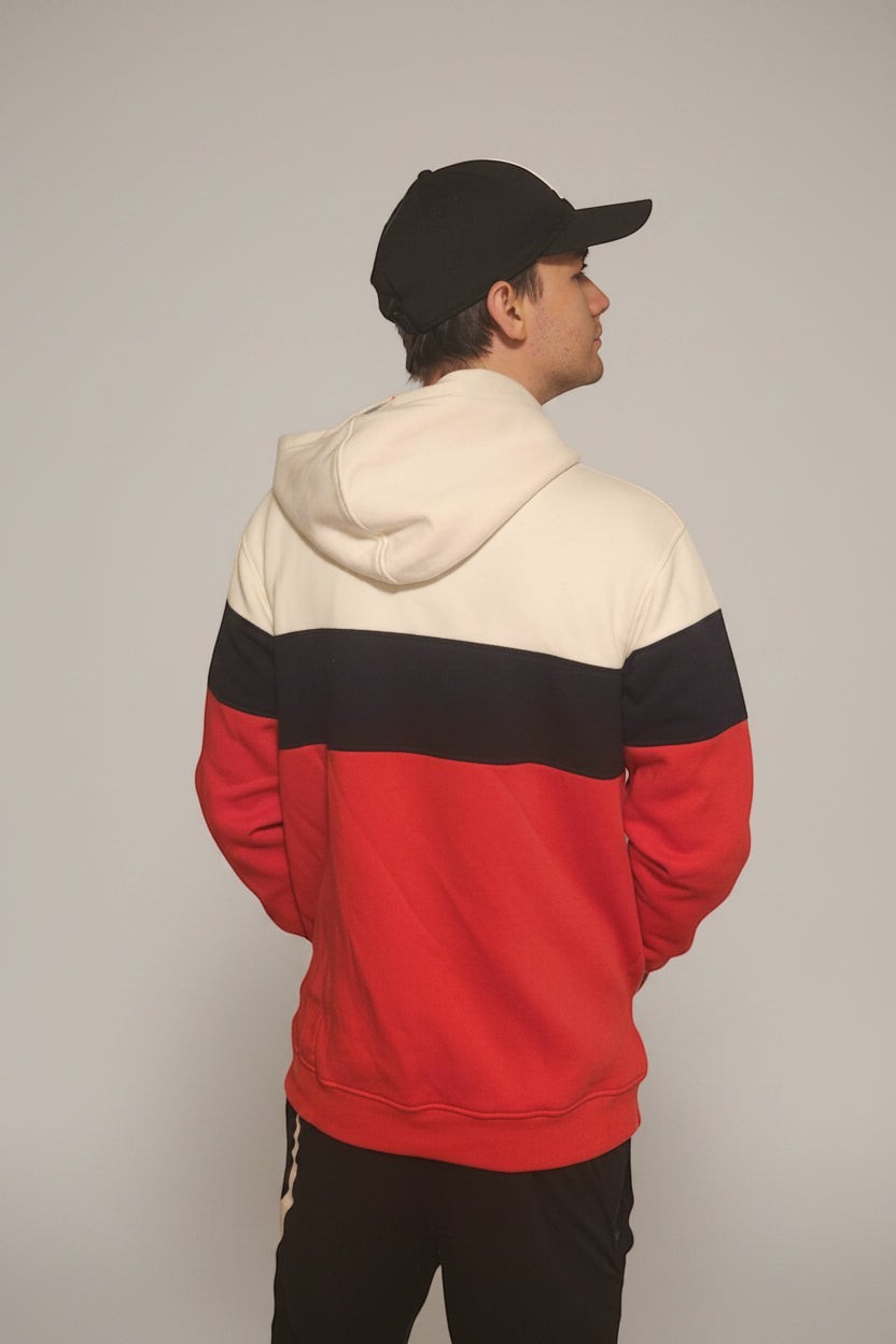 KRE Prime Unisex colorblock zip-up hoodie in cream, black, and red. Made from cotton-polyester blend with fleece lining.
