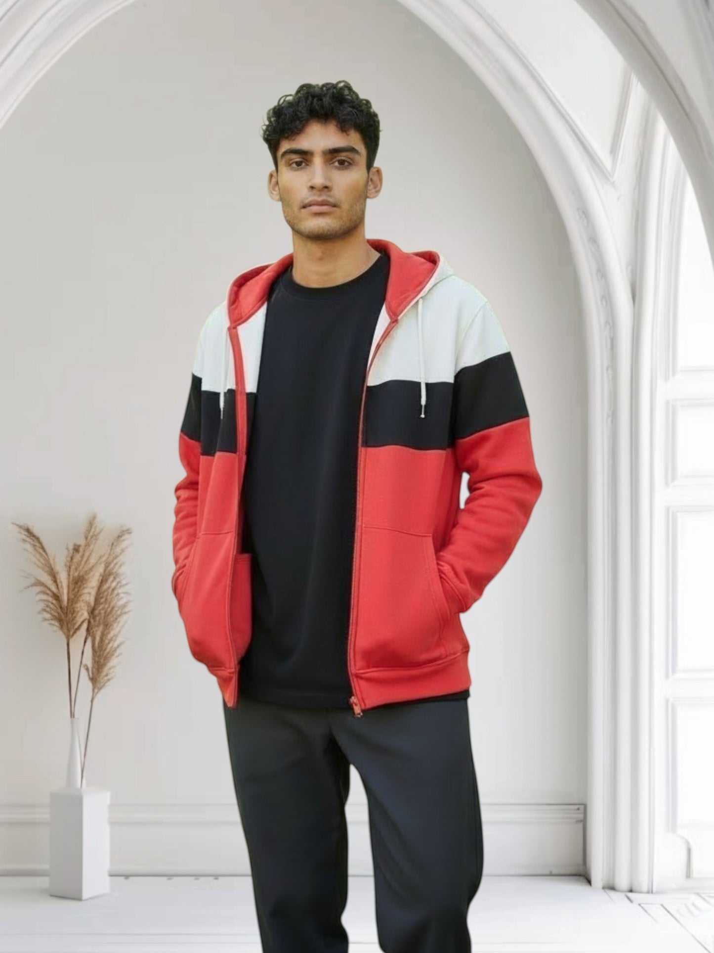 KRE Prime Unisex colorblock zip-up hoodie jacket in red, black, and cream with kangaroo pocket and drawstring hood.