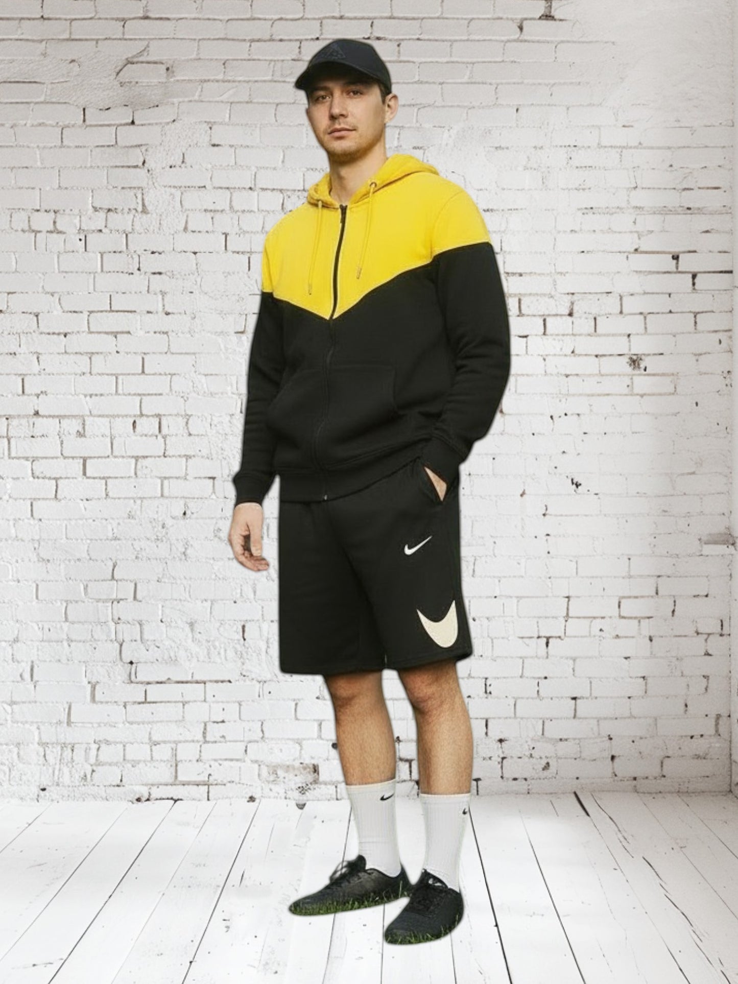 KRE Prime Unisex two-tone zip-up hoodie in black and yellow with kangaroo pocket and drawstring hood.