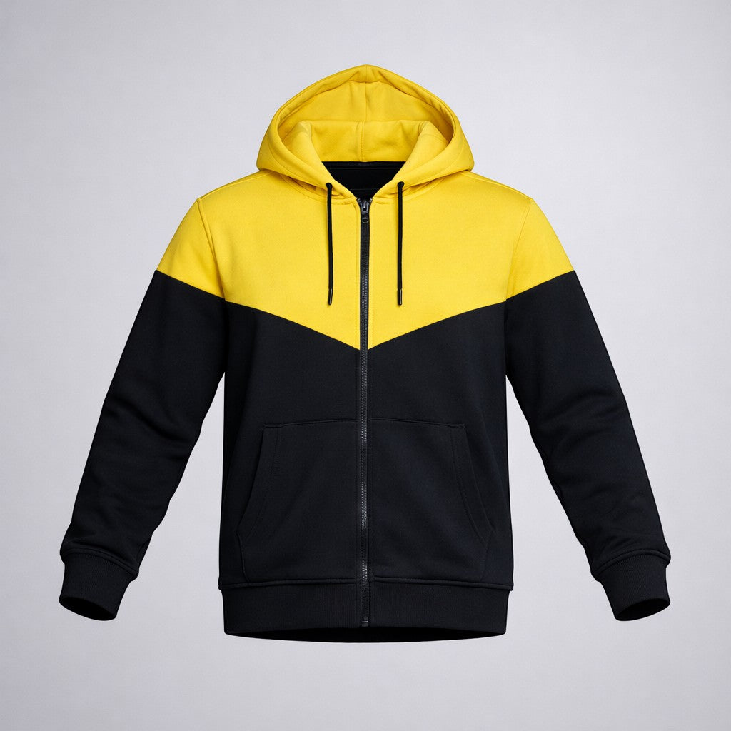 KRE Prime Unisex zip-up hoodie in black and yellow color-block design with kangaroo pocket and drawstring hood.