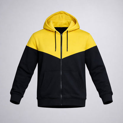 KRE Prime Unisex zip-up hoodie in black and yellow color-block design with kangaroo pocket and drawstring hood.