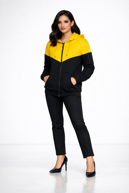 KRE Prime unisex zip-up hoodie in black and yellow colorblock, made from cotton-polyester blend with kangaroo pocket and drawstring hood.