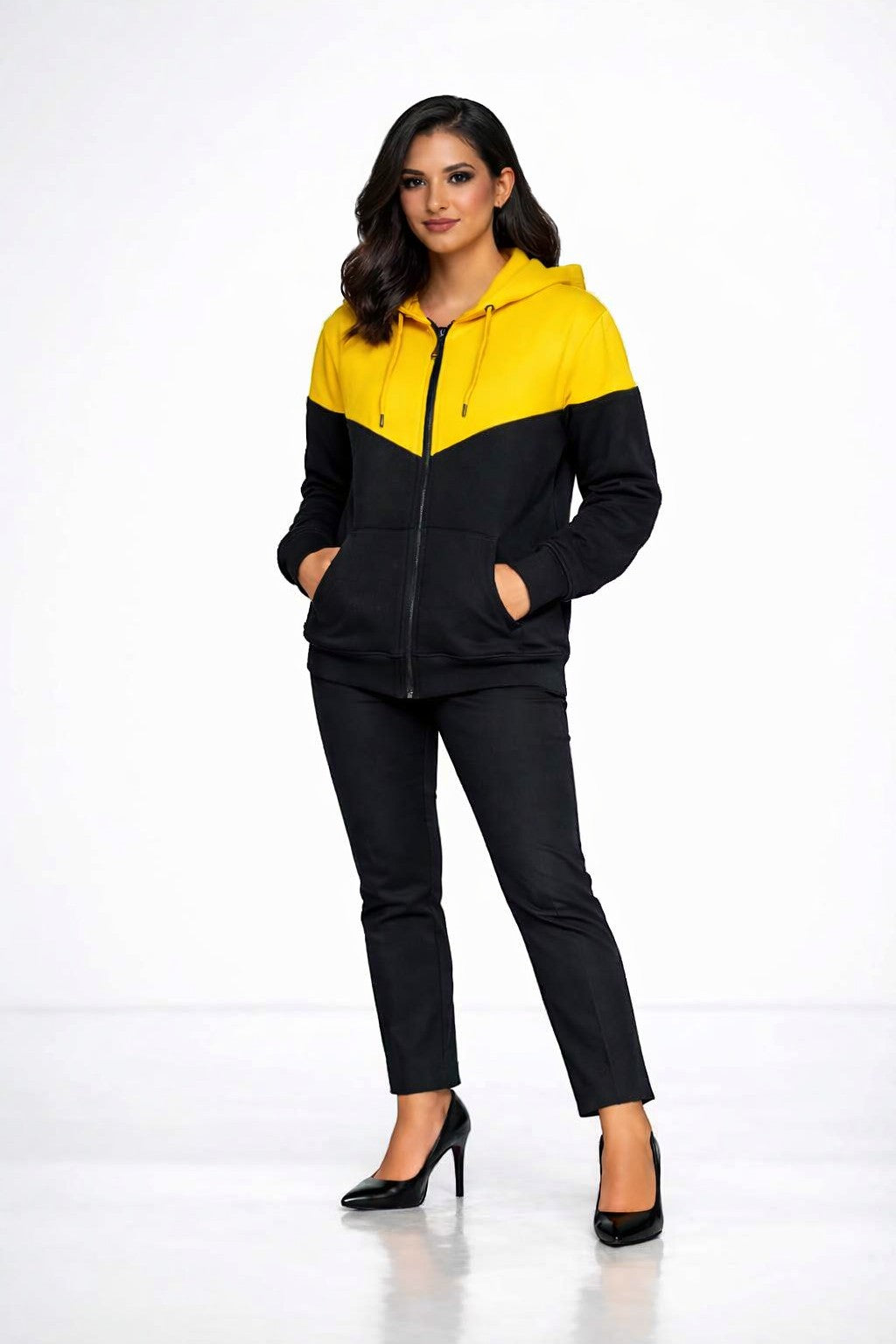 KRE Prime Unisex zip-up hoodie jacket in black and yellow colorblock, featuring a kangaroo pocket and drawstring hood.