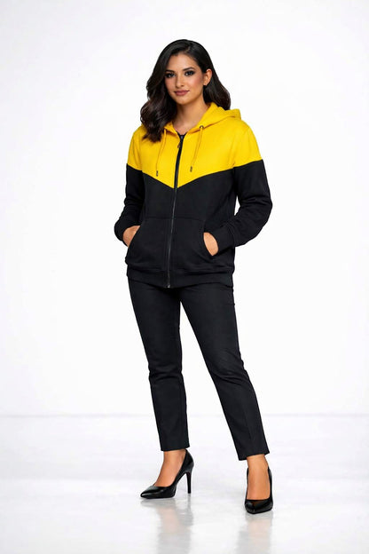 KRE Prime Unisex zip-up hoodie jacket in black and yellow colorblock, featuring a kangaroo pocket and drawstring hood.