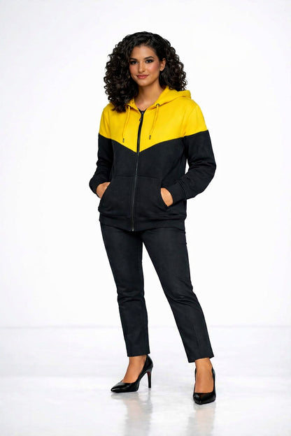 KRE Prime Unisex zip-up hoodie in black with yellow color block design, featuring a kangaroo pocket and drawstring hood.