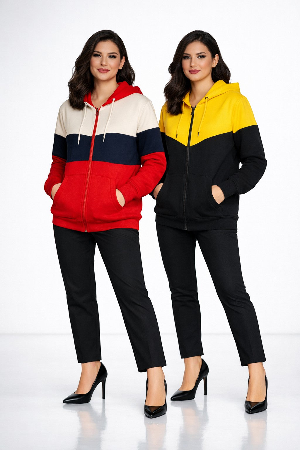 KRE Prime Unisex zip-up hoodie in color block red, navy, cream, and yellow. Features kangaroo pocket, drawstring hood.