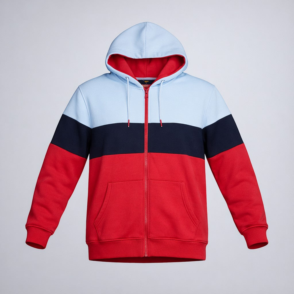 KRE Prime Unisex colorblock zip-up hoodie jacket with red, navy, and light blue panels, kangaroo pocket, and drawstring hood.