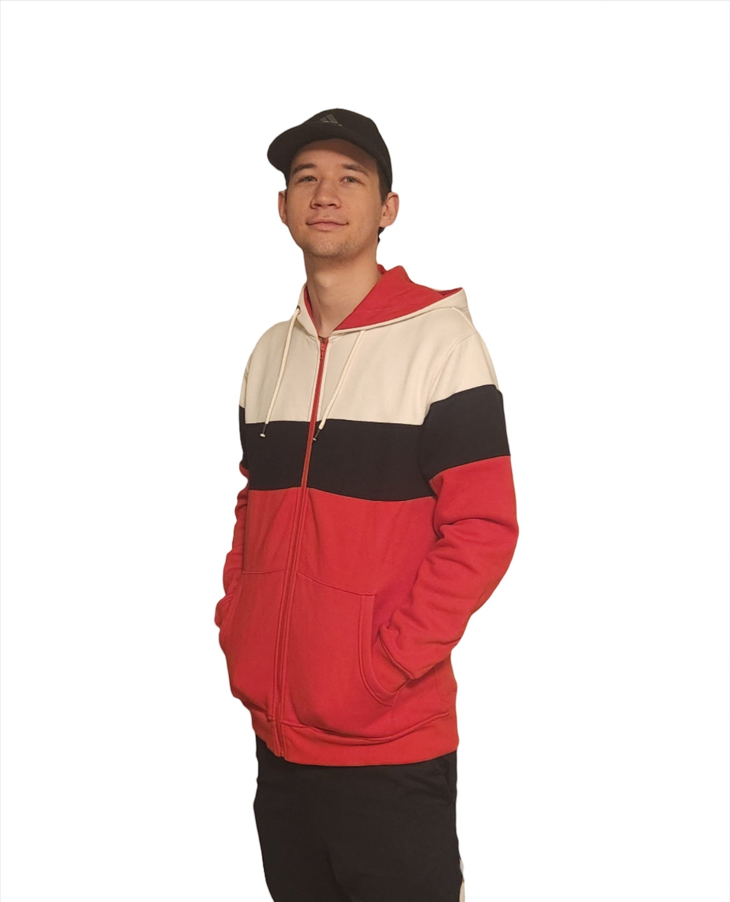 KRE Prime Unisex colorblock zip-up hoodie jacket with red, black, and cream panels, kangaroo pocket, and drawstring hood.