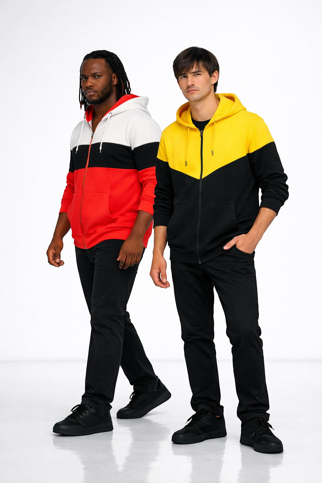 KRE Prime Unisex zip-up hoodie jacket in red, black, and white colorblock with kangaroo pocket and drawstring hood.