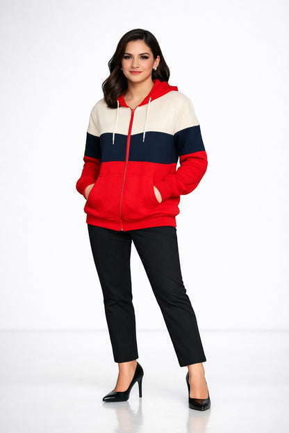 KRE Prime Unisex colorblock zip-up hoodie in red, navy, and cream with kangaroo pocket and drawstring hood.