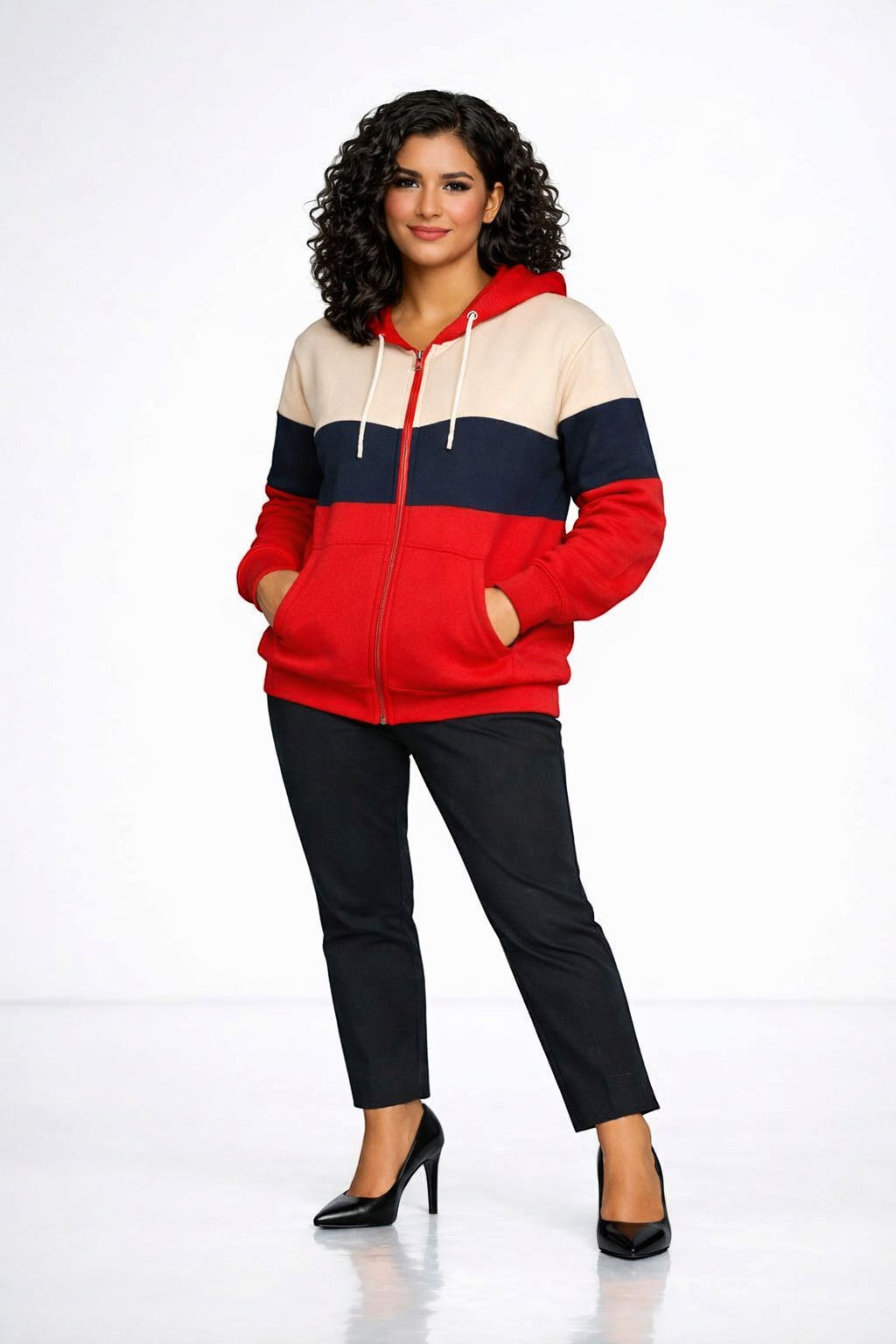 KRE Prime Unisex colorblock zip-up hoodie with red, navy, and cream stripes, kangaroo pocket, and drawstring hood.