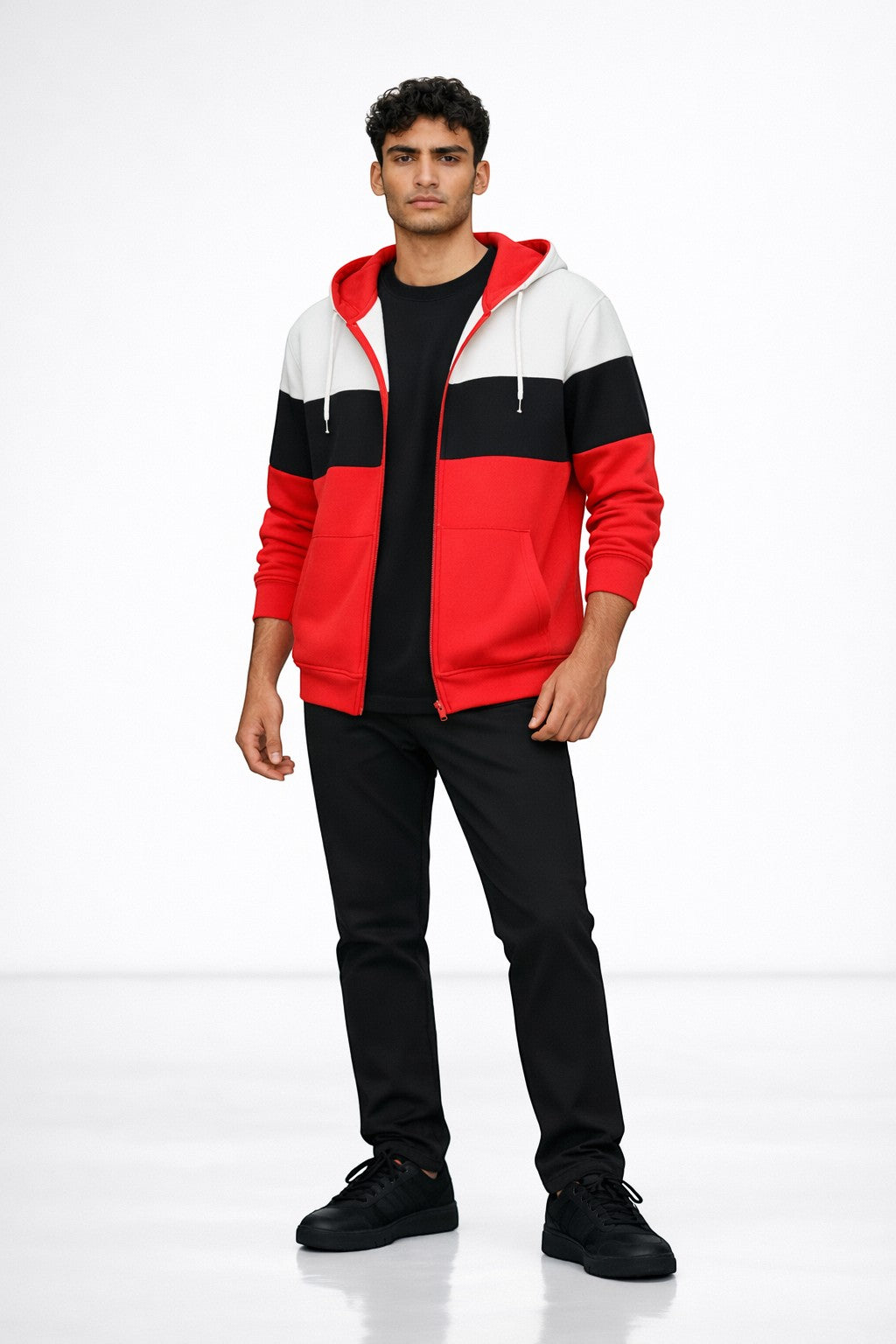 KRE Prime Unisex colorblock zip-up hoodie in red, black, and white with kangaroo pocket and drawstring hood.