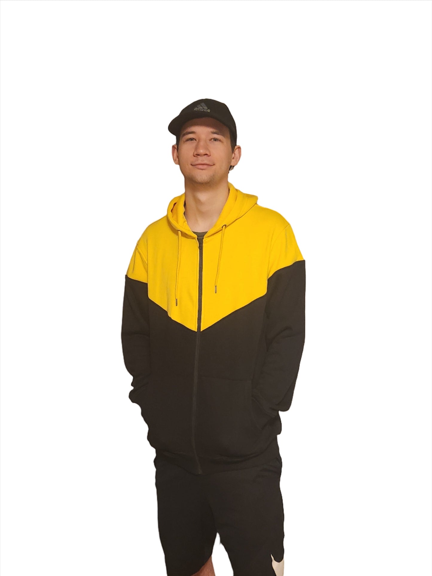 KRE Prime Unisex zip-up hoodie in yellow and black color block, with kangaroo pocket and drawstring hood.