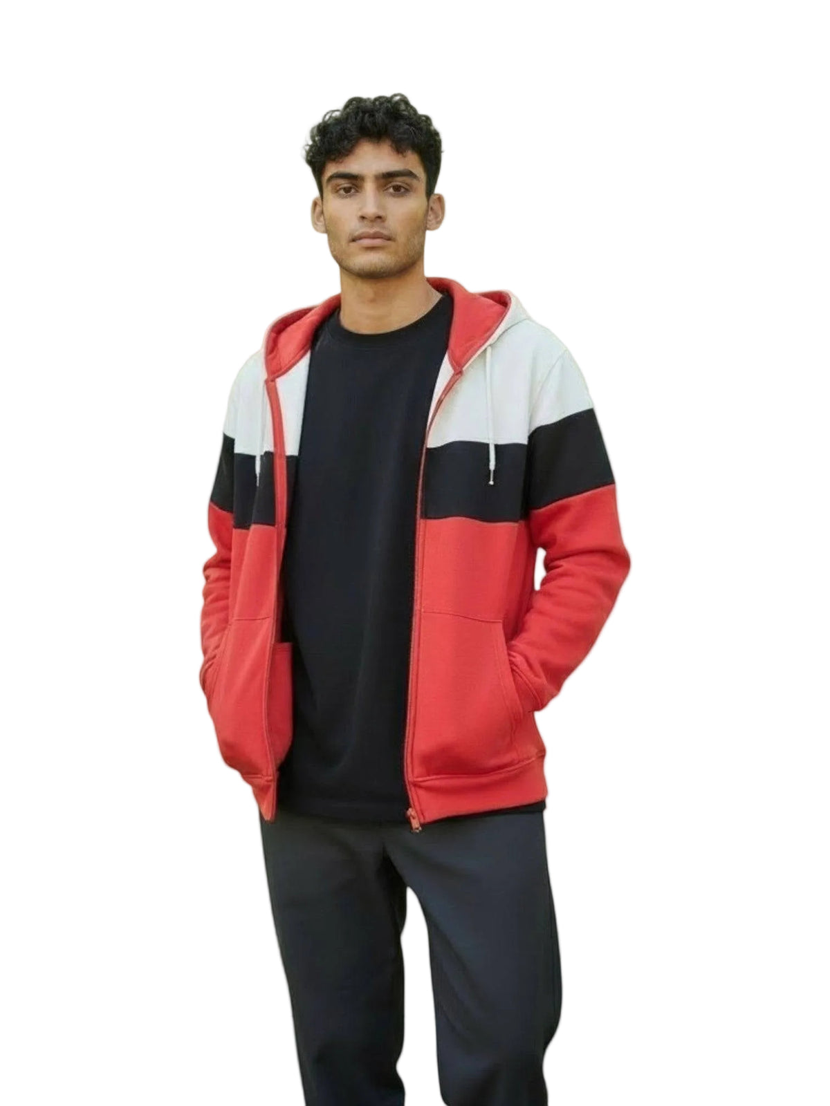KRE PRIME unisex colorblock zip-up sweatshirt jacket in red, black, and cream with a front zipper and casual fit.