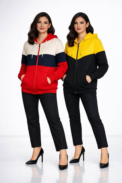 KRE PRIME unisex zip-up sweatshirt jacket with color-blocked red and yellow design, ideal for casual wear.