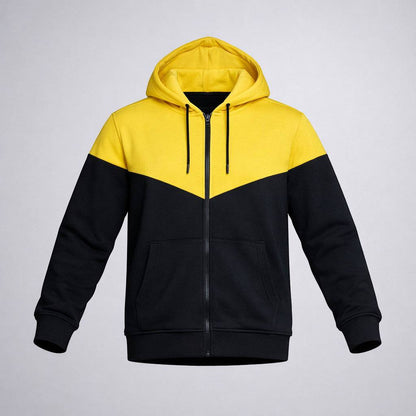 KRE PRIME unisex zip-up sweatshirt jacket in black and yellow color block, casual men's sweater and hoodie style.