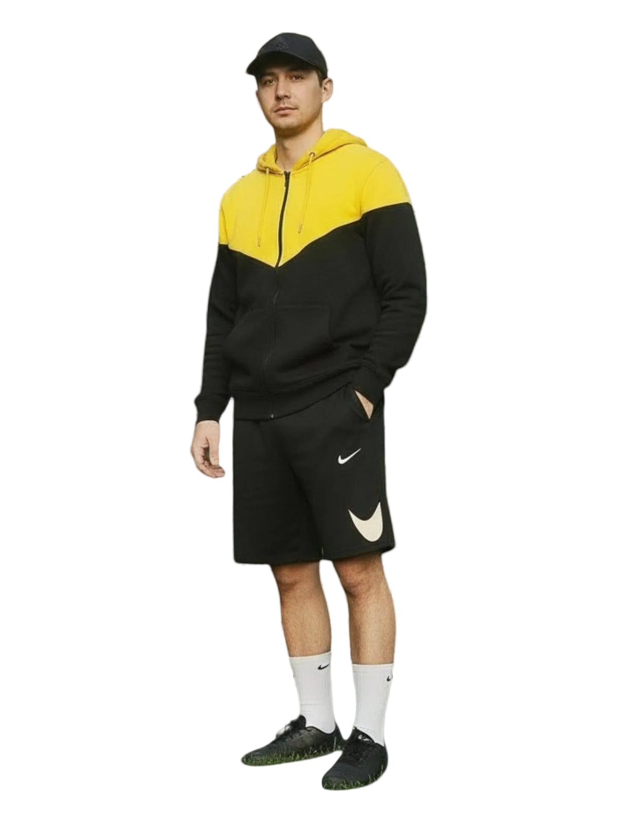 Black and yellow KRE PRIME unisex zip-up sweatshirt jacket with a hood, casual men's sweater with front zipper.