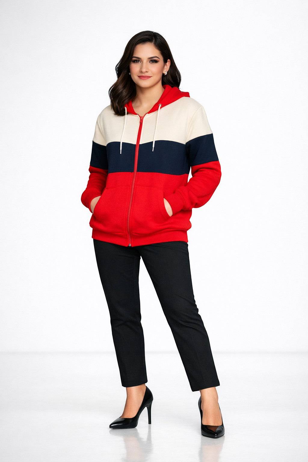 KRE PRIME unisex zip-up sweatshirt jacket in colorblock red, navy, and cream, casual men's sweater and hoodie style.