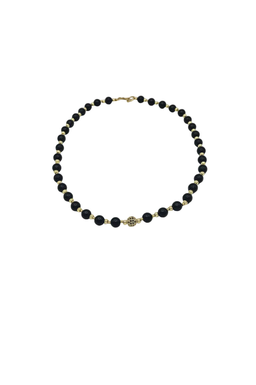 KRE PRIME women’s 8-inch Midnight Gleam bead necklace with shiny black beads and gold-tone accents, stylish jewelry for women.