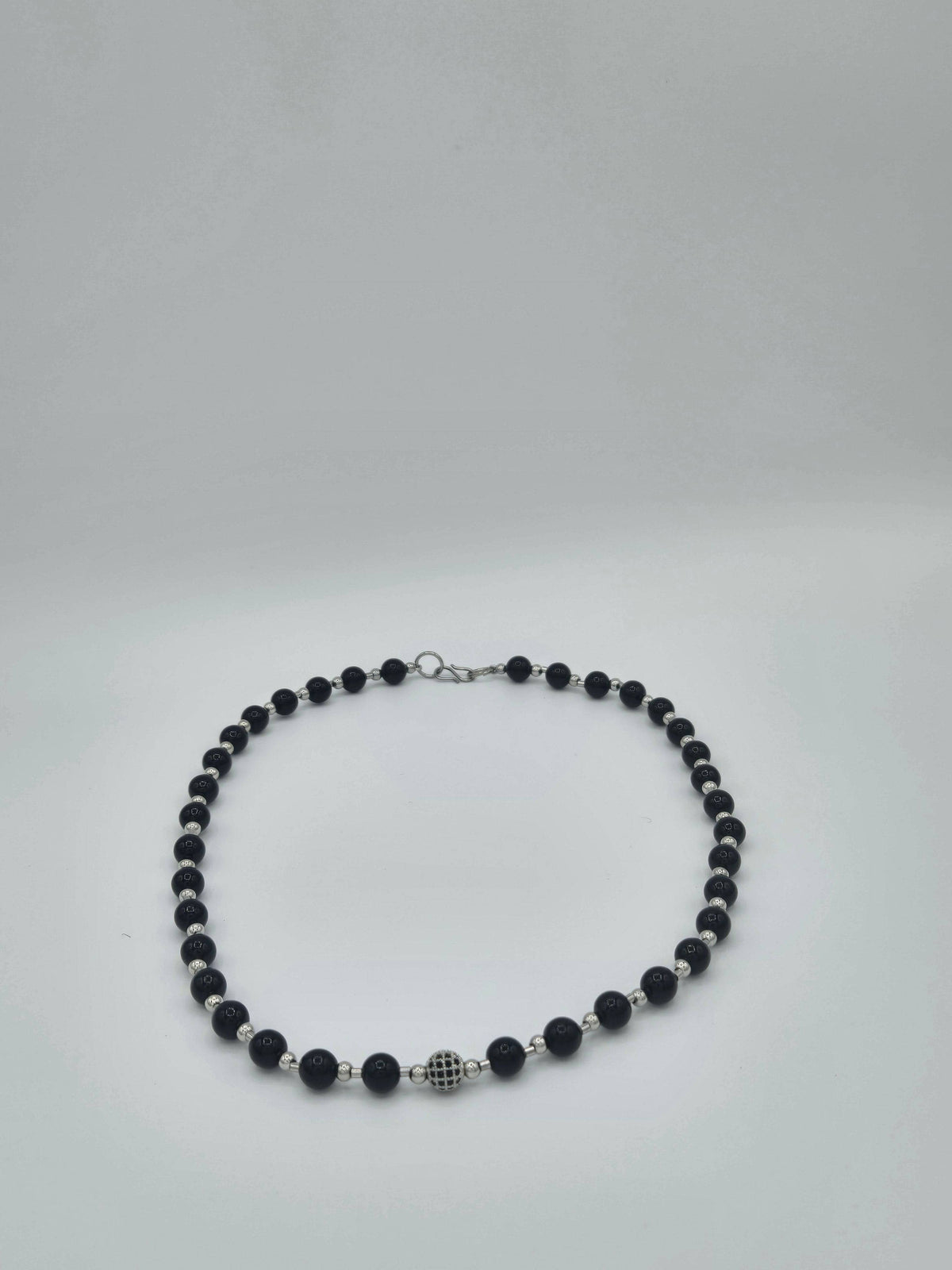 KRE PRIME women’s 8-inch Midnight Gleam bead necklace with shiny black beads on a silver chain, stylish accessory for women.