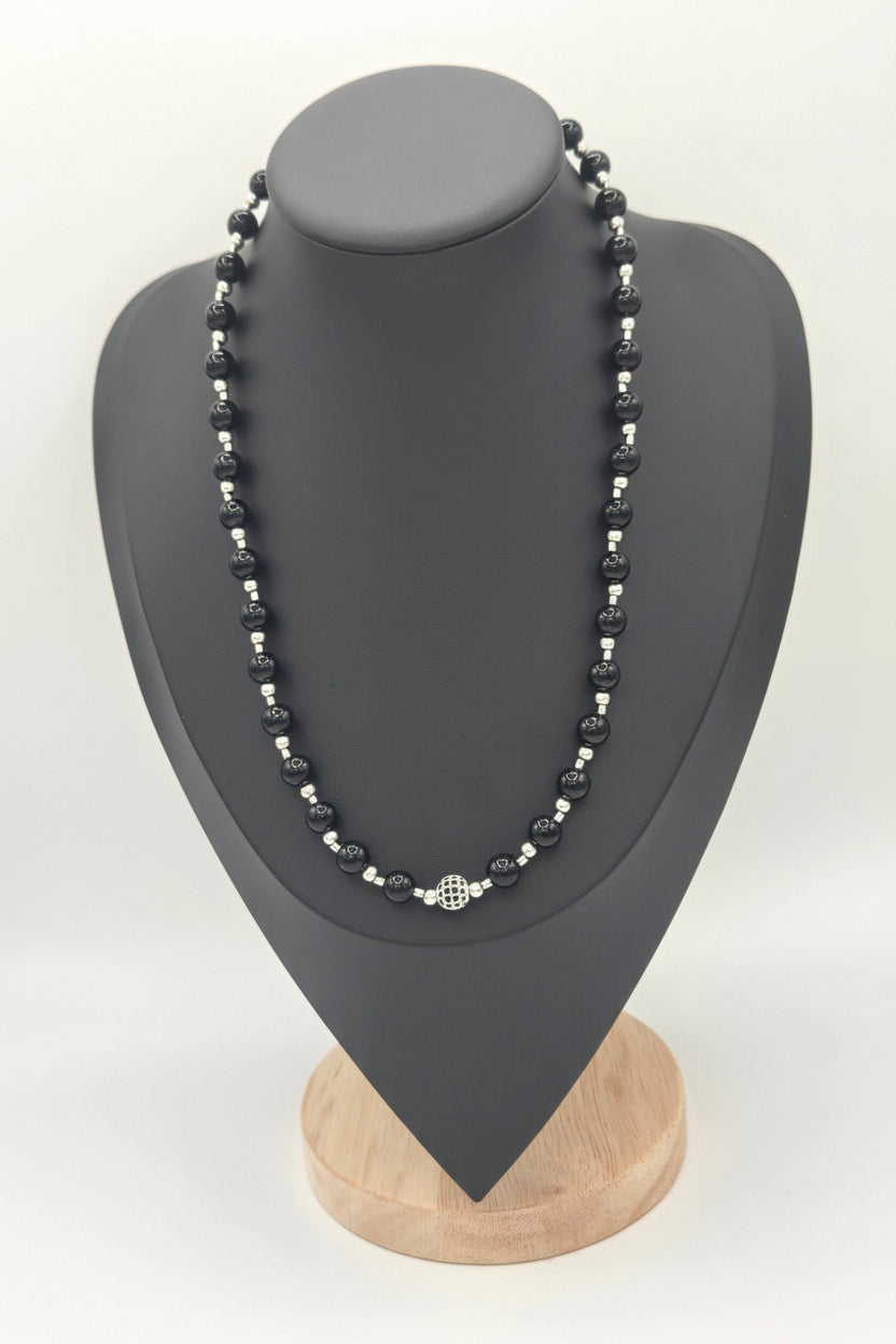 KRE PRIME Women’s 8-inch Midnight Gleam Bead Necklace with shiny black beads and silver accents, stylish jewelry for women