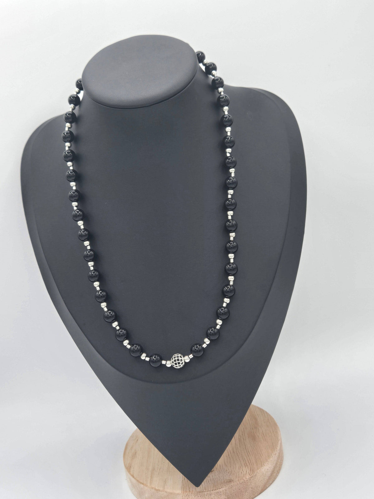 KRE PRIME women’s 8-inch Midnight Gleam bead necklace with glossy black beads on a silver chain.