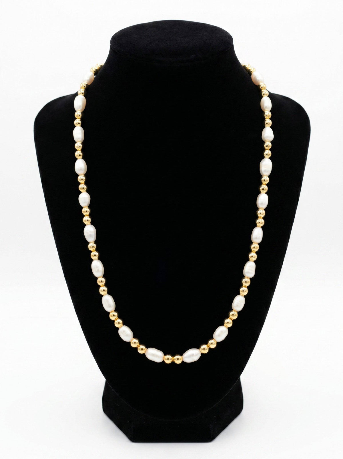 KRE PRIME women's freshwater pearl necklace with natural white pearls and gold beads, elegant jewelry for women
