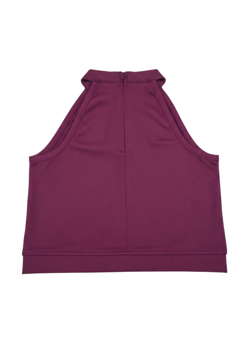 KRE PRIME Women's sophisticated ribbed crop top in dark purple, made from polyester and elastane blend.