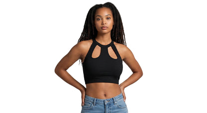 Black ribbed crop top by KRE PRIME with halter neckline and cutout detail, styled as a sophisticated women's fashion piece.