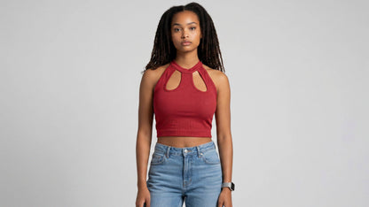 Red ribbed KRE PRIME women's crop top with halter neckline and cutout design, stylish and sophisticated for modern fashion.